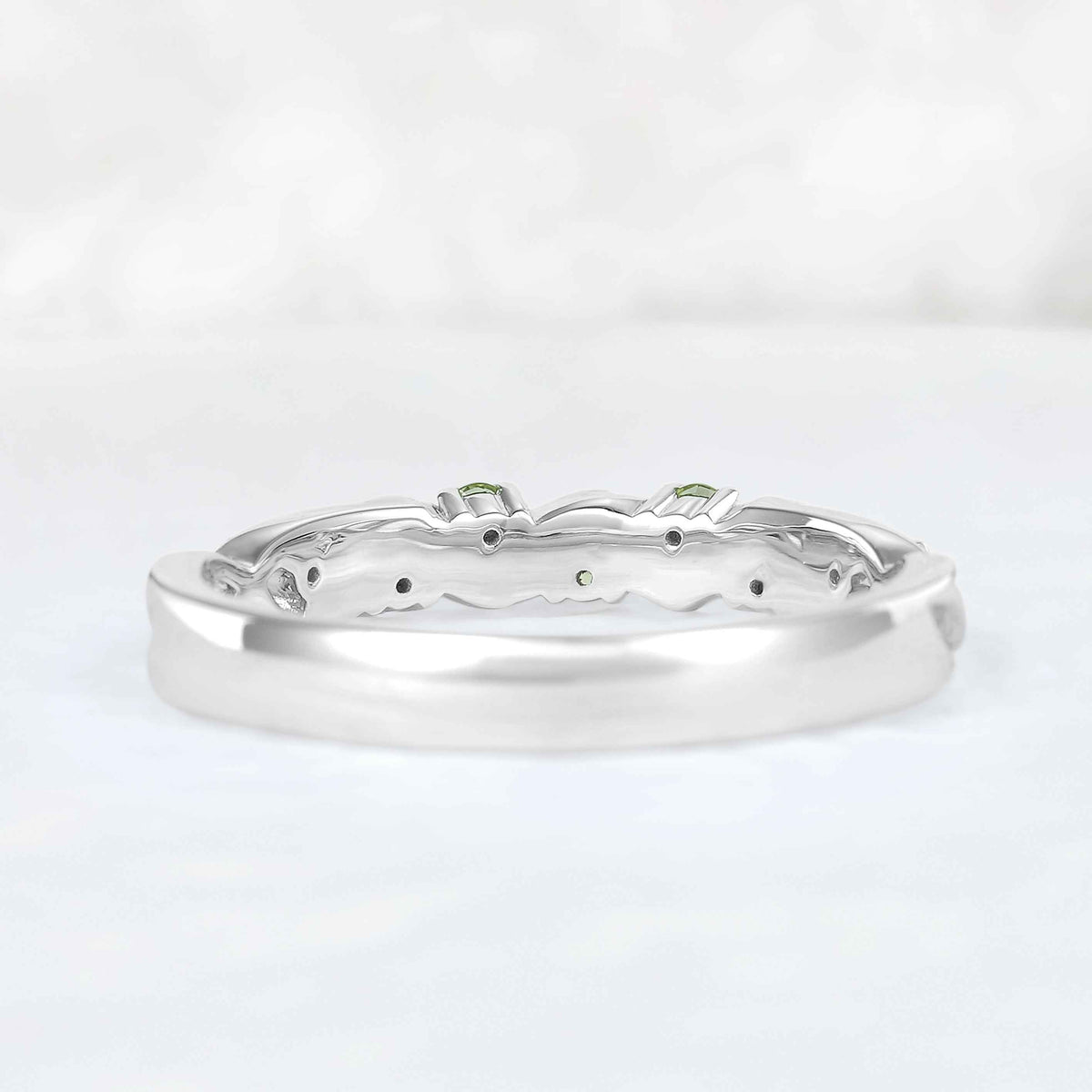 Nature Inspired Round Cut Peridot Willow Leaves Silver Stacking Ring