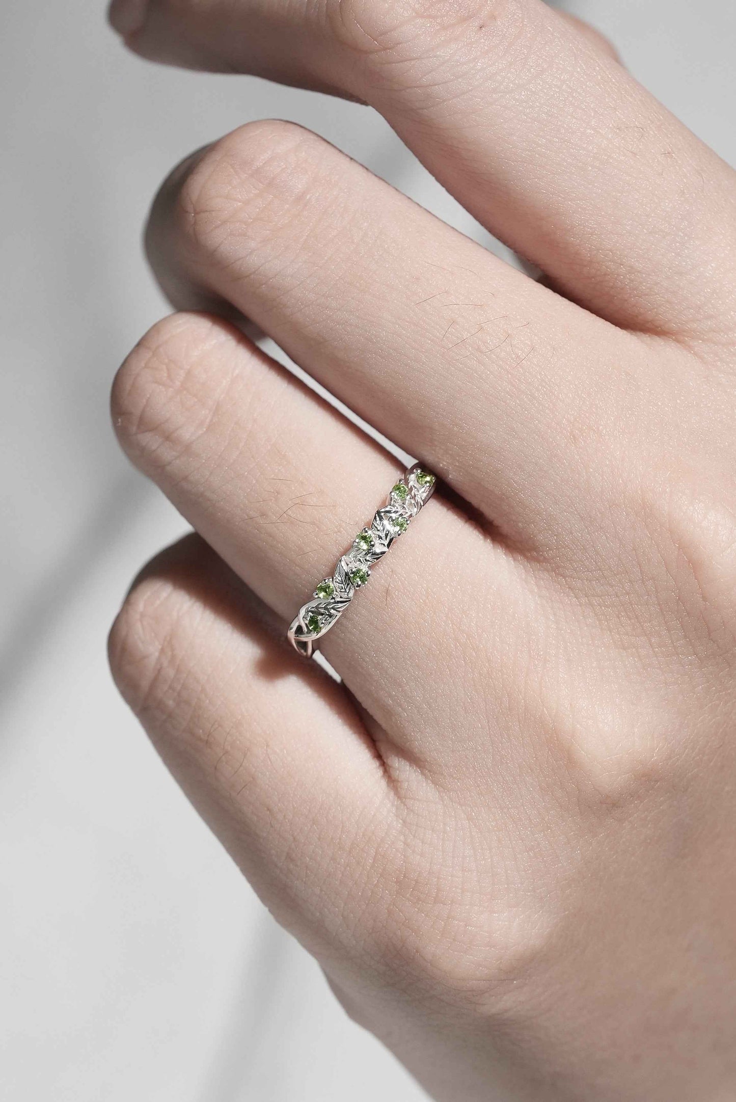 Nature Inspired Round Cut Peridot Willow Leaves Silver Stacking Ring