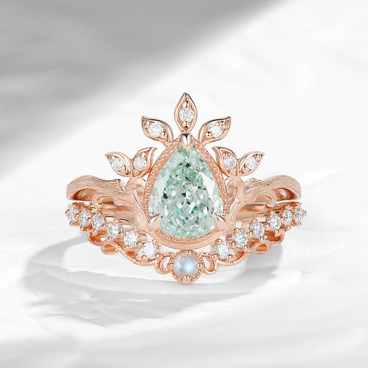 Nature Inspired Vintage Pear Shaped Lab Green Diamond Garden of Eden Engagement Ring Set 2pcs