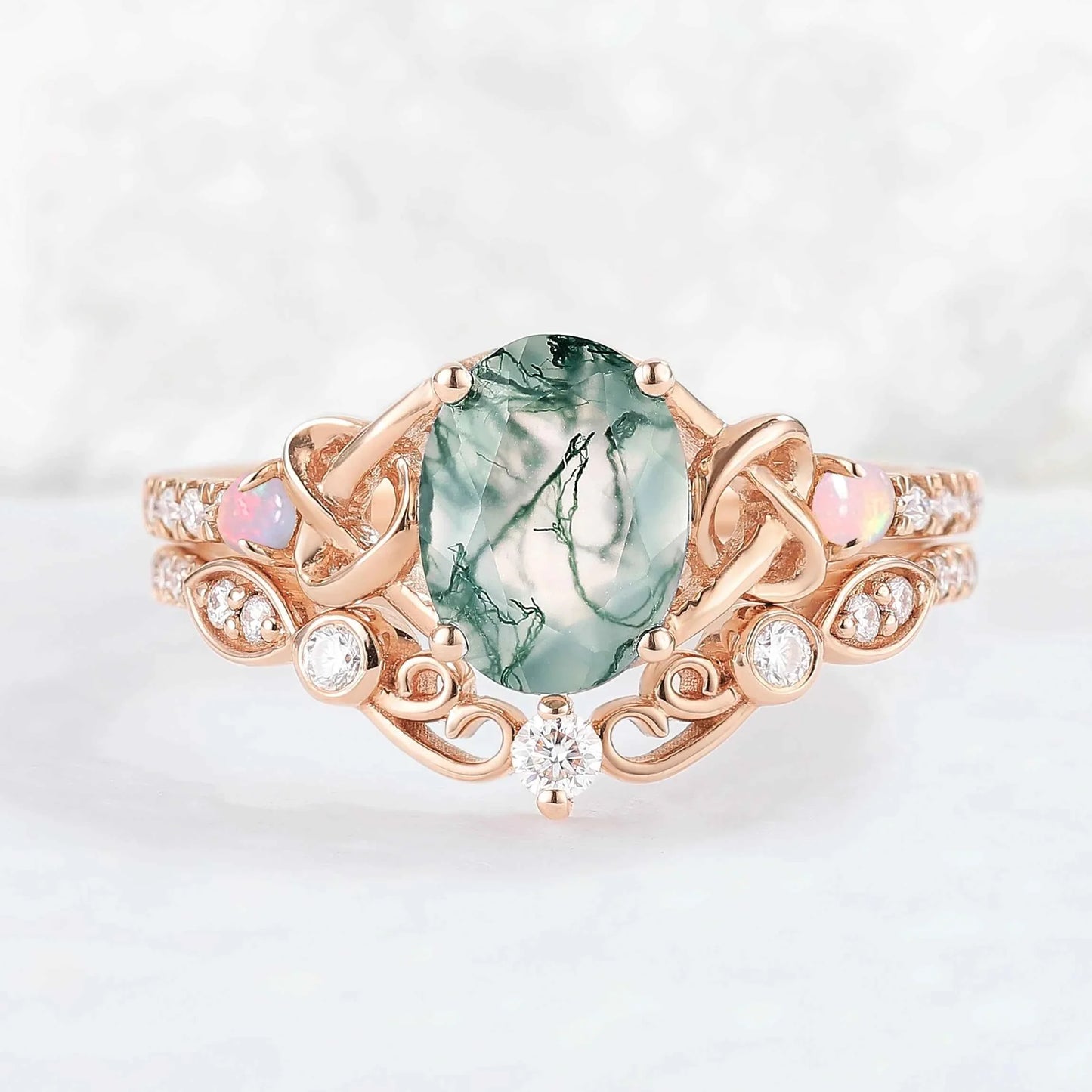 Nature Inspired Oval Cut Moss Agate Silver Engagement Ring Set 2pcs