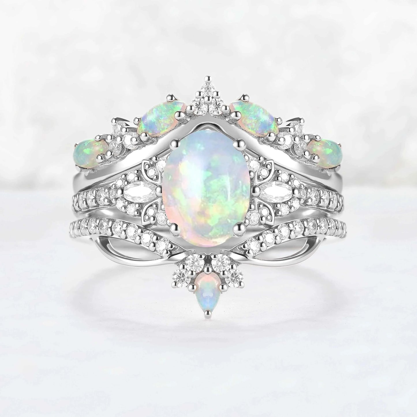 Nature Oval Shaped Natural Opal Vine Gemstone Ring Set 3pcs