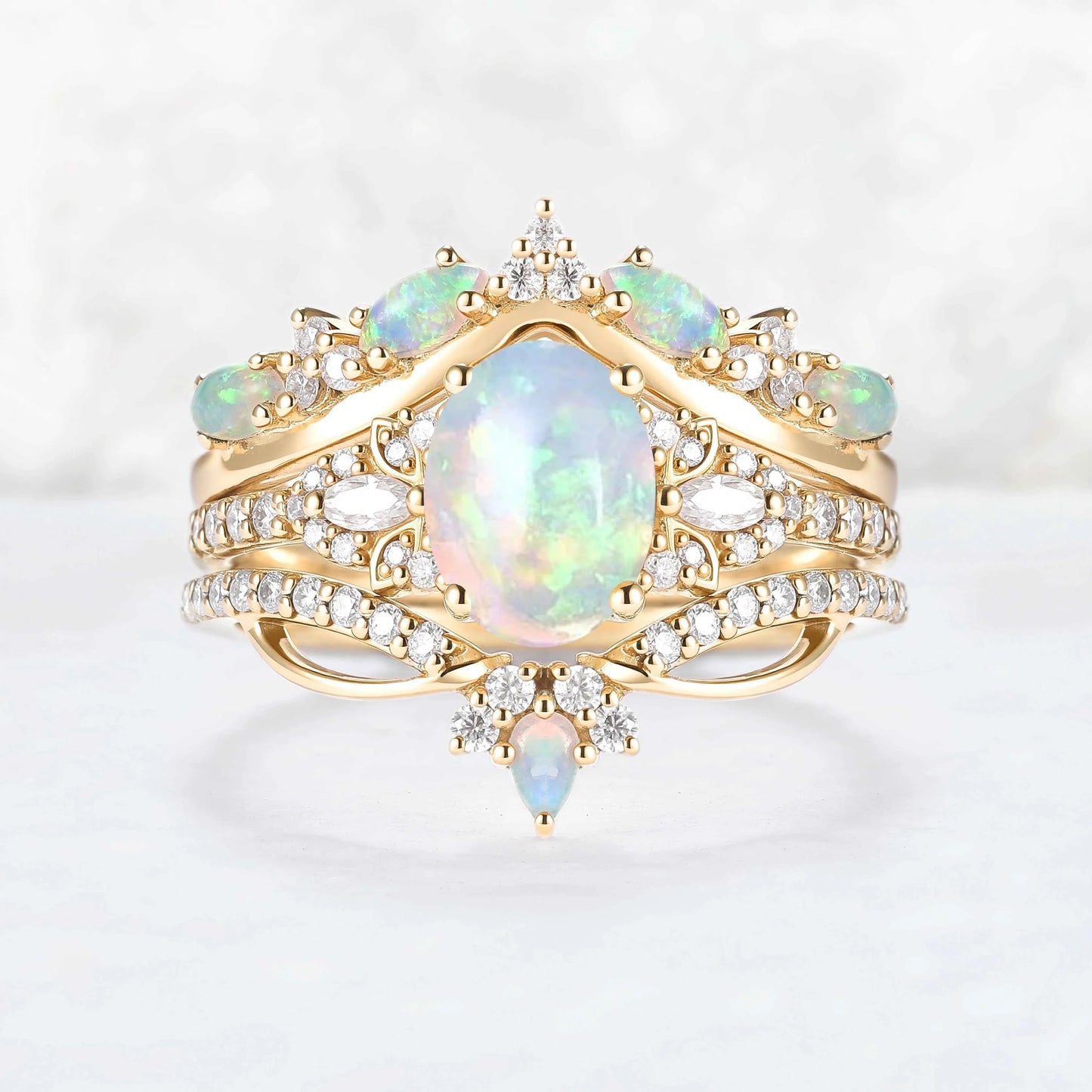 Nature Oval Shaped Natural Opal Vine Gemstone Ring Set 3pcs