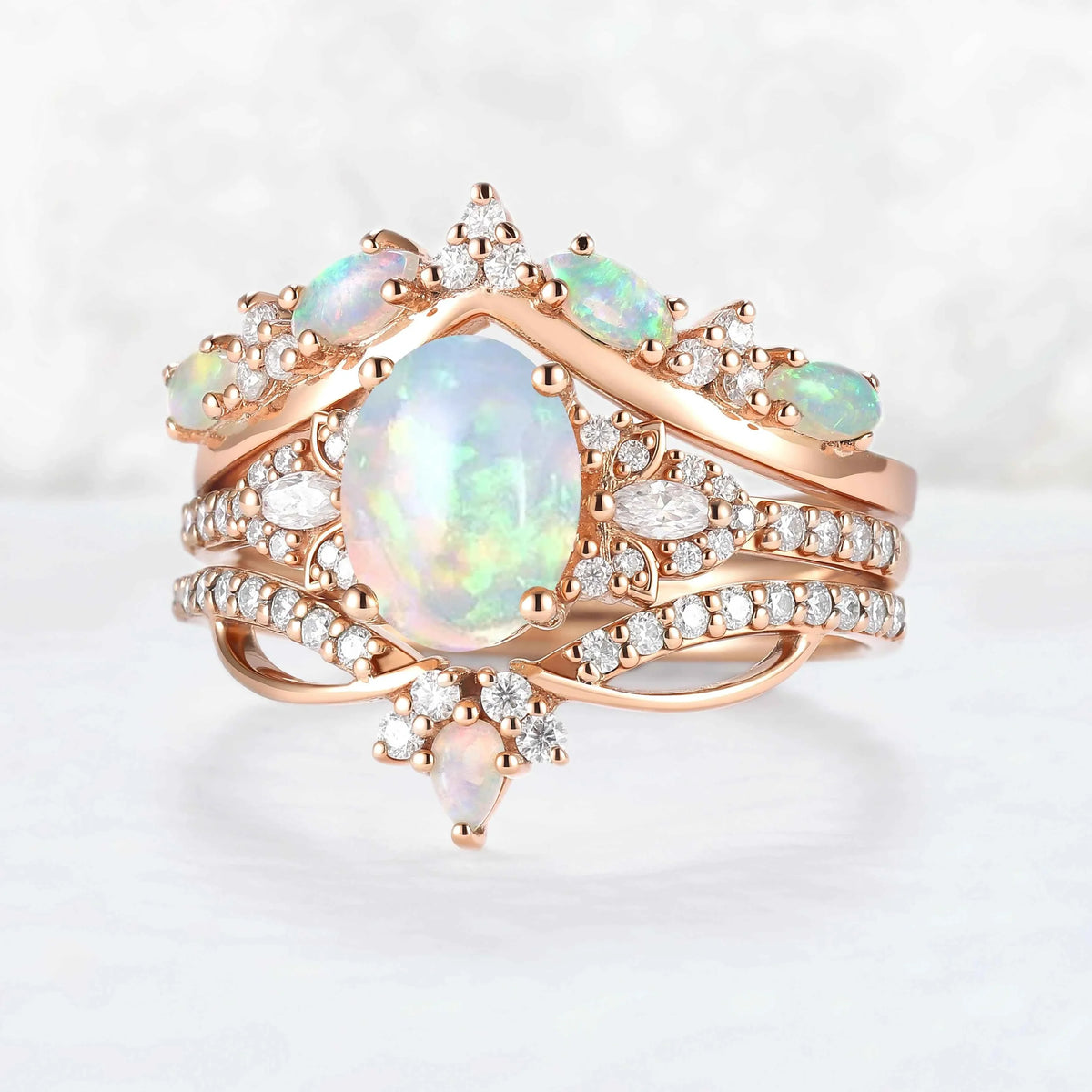 Nature Oval Shaped Natural Opal Vine Gemstone Ring Set 3pcs