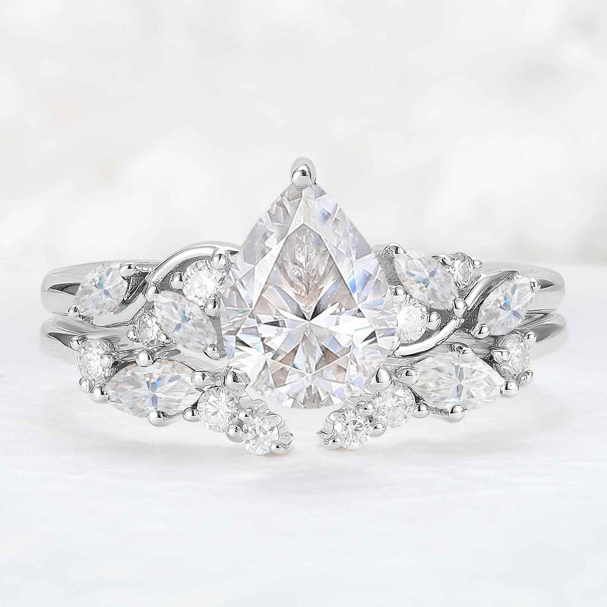 Nature Pear Shaped Moissanite Vine Gemstone Ring Set 2pcs