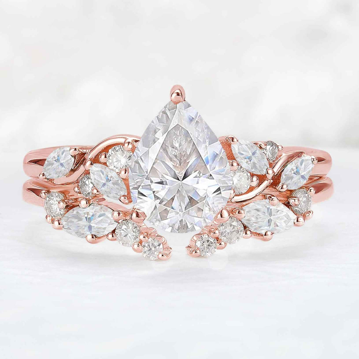 Nature Pear Shaped Moissanite Vine Gemstone Ring Set 2pcs