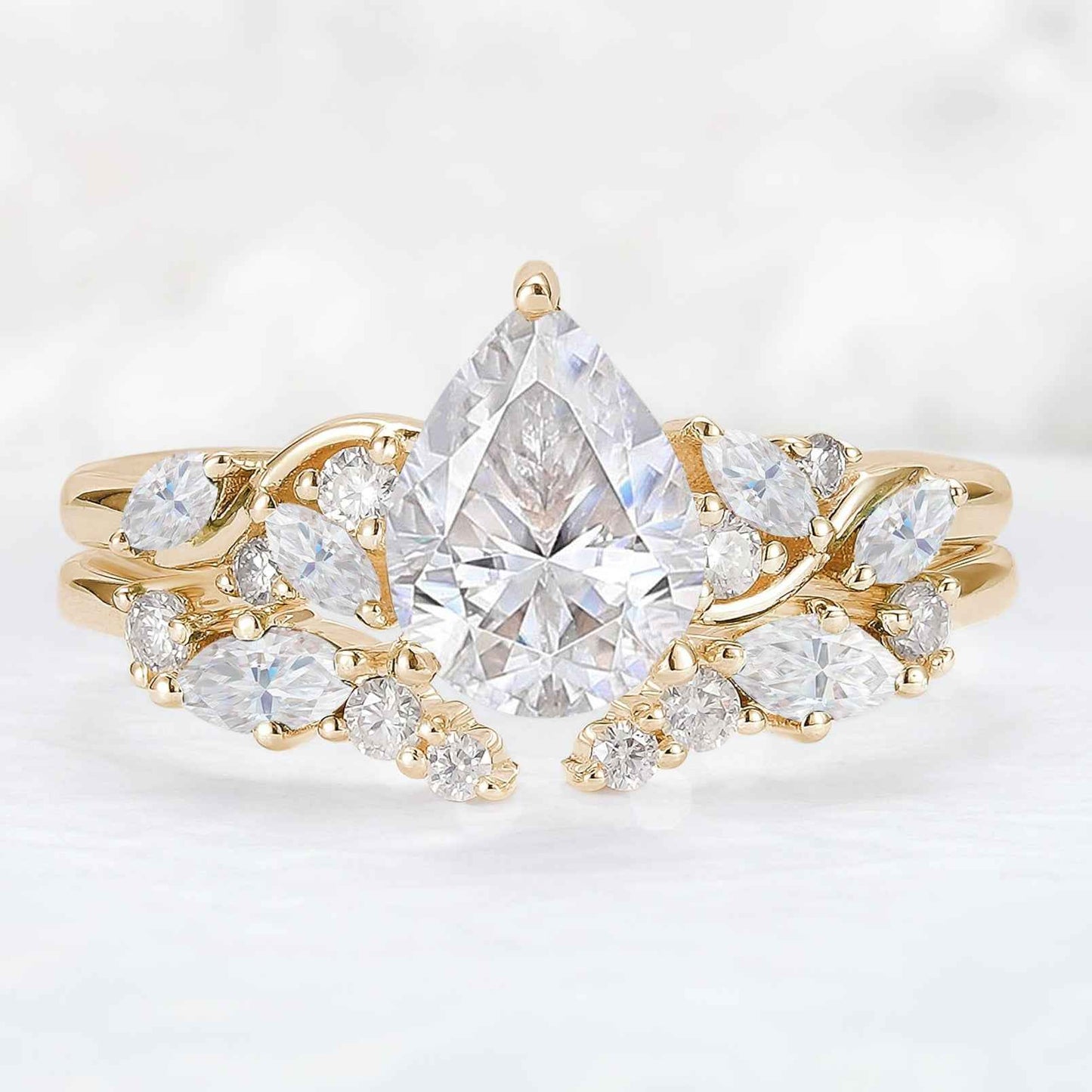 Nature Pear Shaped Moissanite Vine Gemstone Ring Set 2pcs