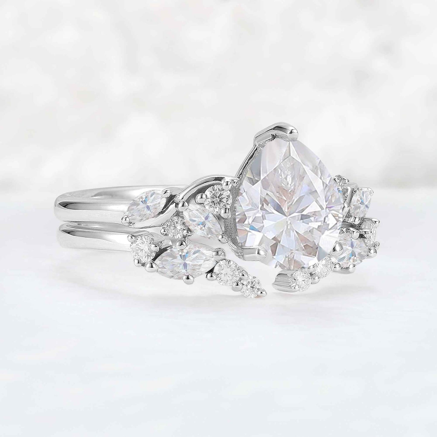 Nature Pear Shaped Moissanite Vine Gemstone Ring Set 2pcs