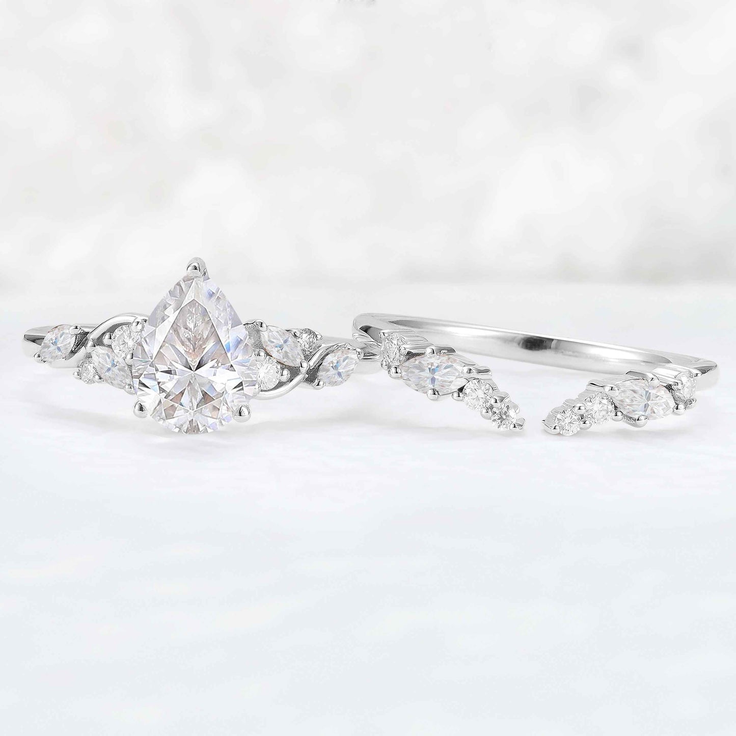 Nature Pear Shaped Moissanite Vine Gemstone Ring Set 2pcs