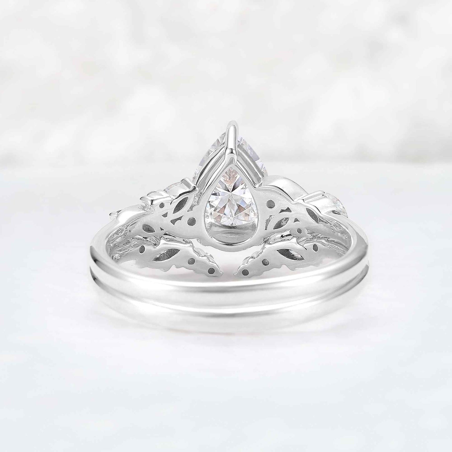 Nature Pear Shaped Moissanite Vine Gemstone Ring Set 2pcs