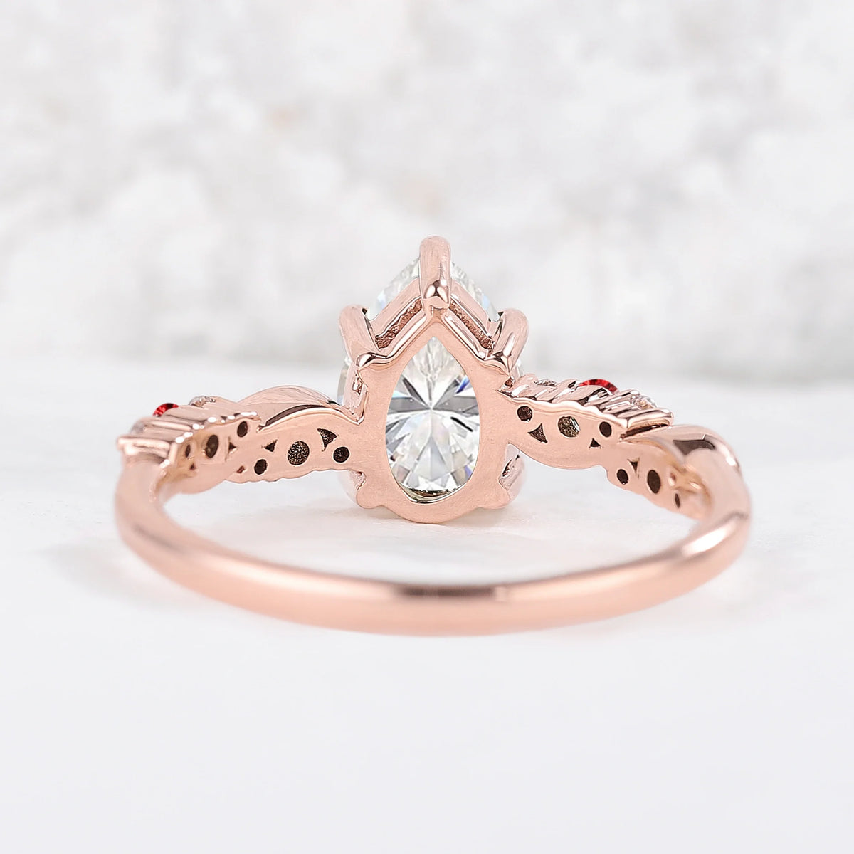Nature Pear Shaped Moissanite and Ruby Vine Gemstone Ring