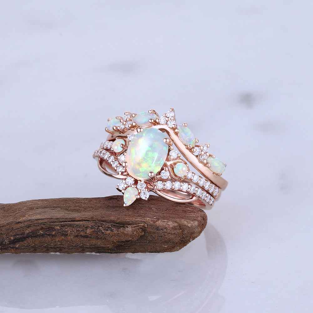 Unique Oval Cut Natural Opal Vine Gemstone Ring Set 3pcs