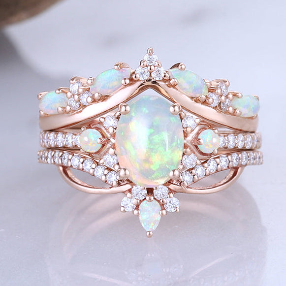 Unique Oval Cut Natural Opal Vine Gemstone Ring Set 3pcs