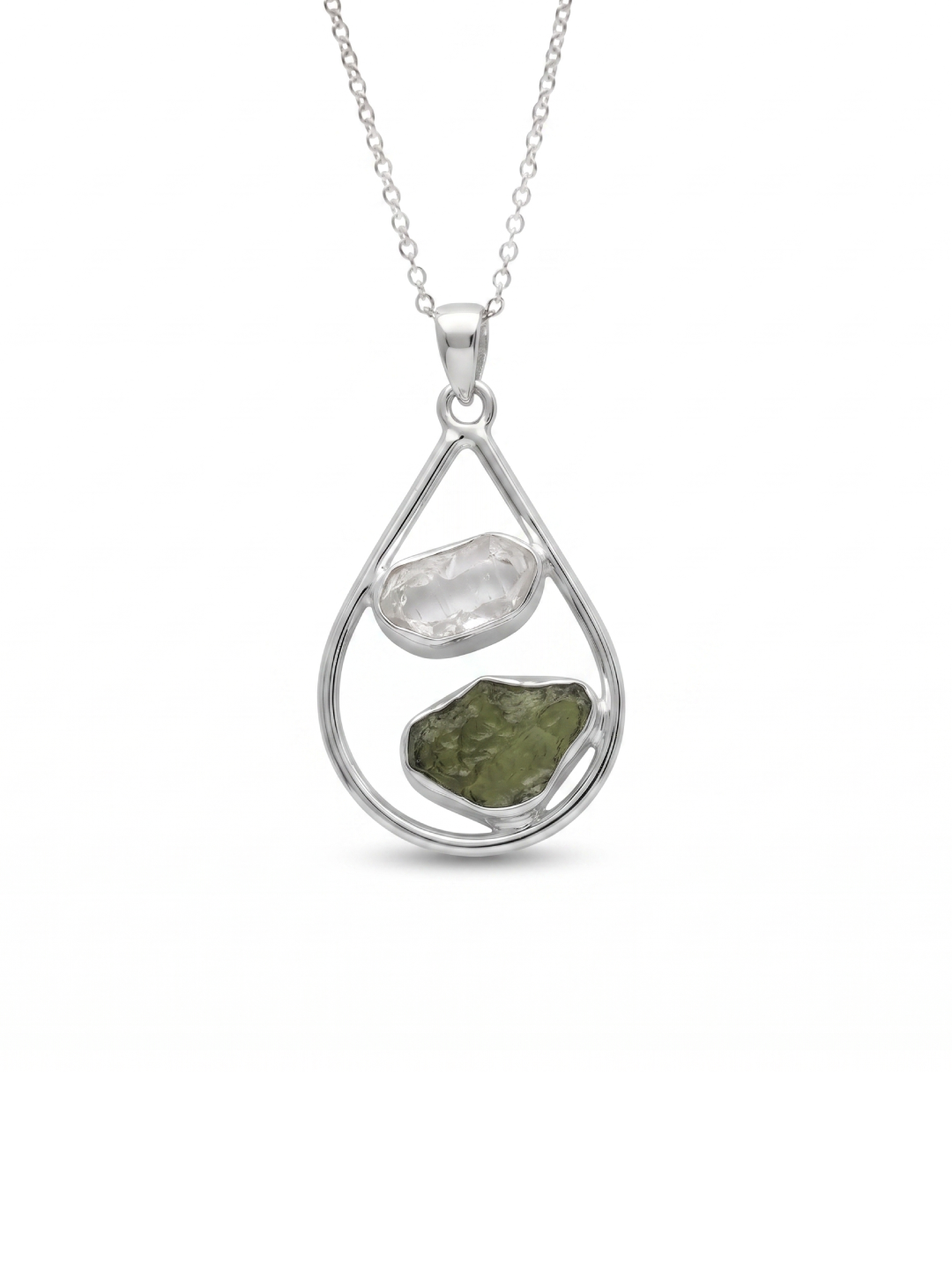 Raw Moldavite Pendant, Herkimer Diamond Jewelry, Natural Gemstone Jewelry, 925 Sterling Silver, Jewelry For Gift, Handmade Jewelry For Women