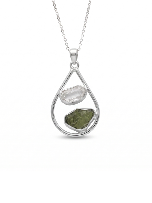 Raw Moldavite Pendant, Herkimer Diamond Jewelry, Natural Gemstone Jewelry, 925 Sterling Silver, Jewelry For Gift, Handmade Jewelry For Women