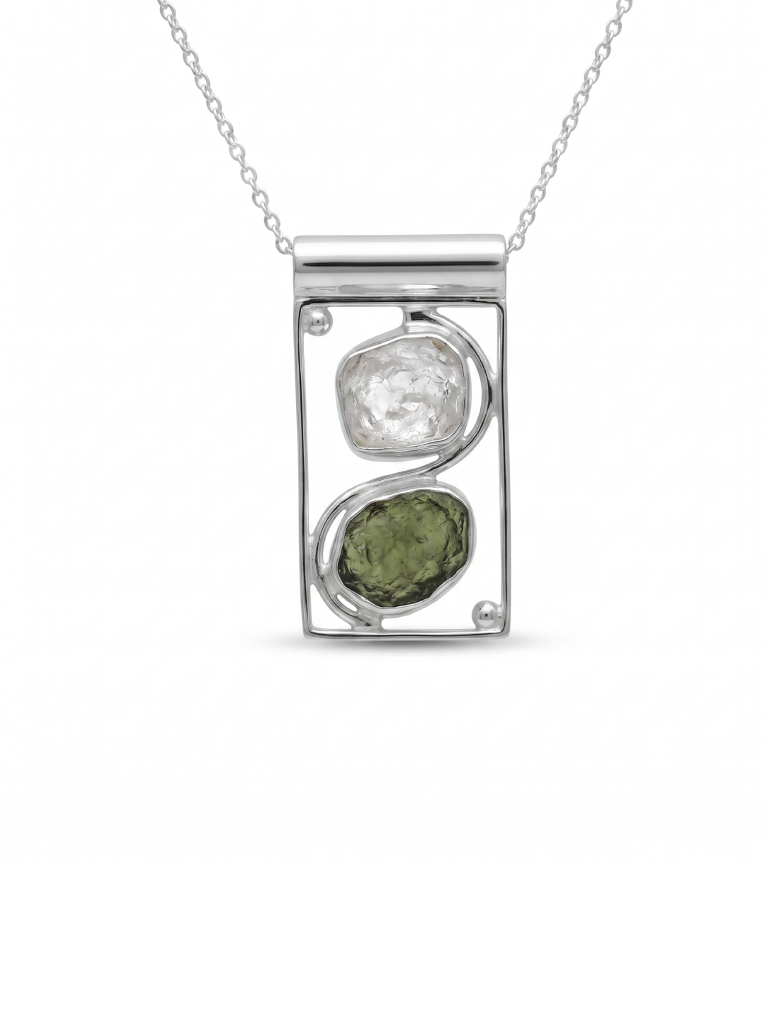 Raw Moldavite Pendant, 925 Sterling Silver, Herkimer Diamond Jewelry, Natural Gemstone Jewelry, Jewelry For Gift, Handmade Jewelry For Women