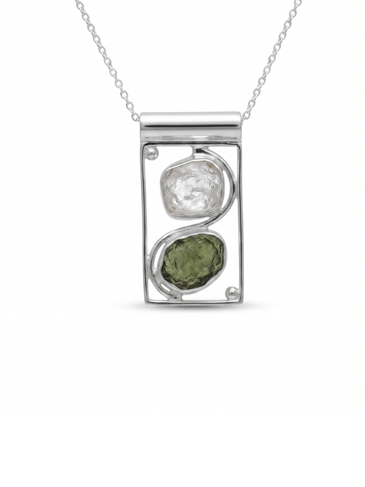 Raw Moldavite Pendant, 925 Sterling Silver, Herkimer Diamond Jewelry, Natural Gemstone Jewelry, Jewelry For Gift, Handmade Jewelry For Women