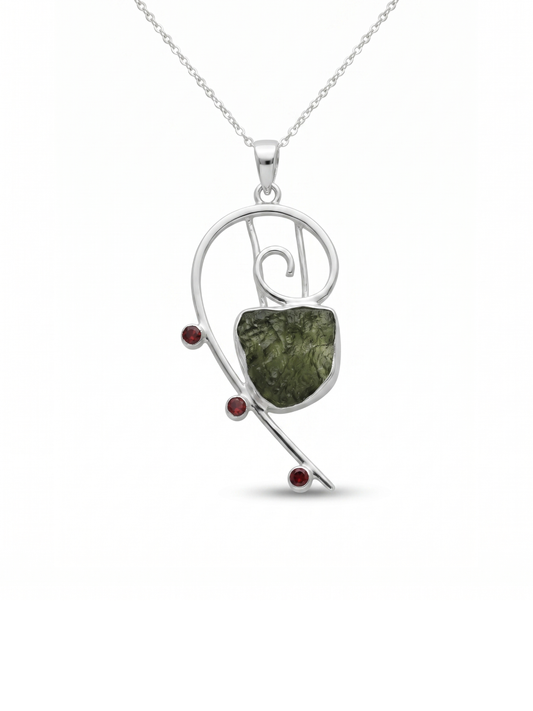 Raw Moldavite Pendant, 925 Sterling Silver, Handmade Silver Jewelry, Garnet Pendant, Moldavite From Czech Republic, Christmas Gift For Mom