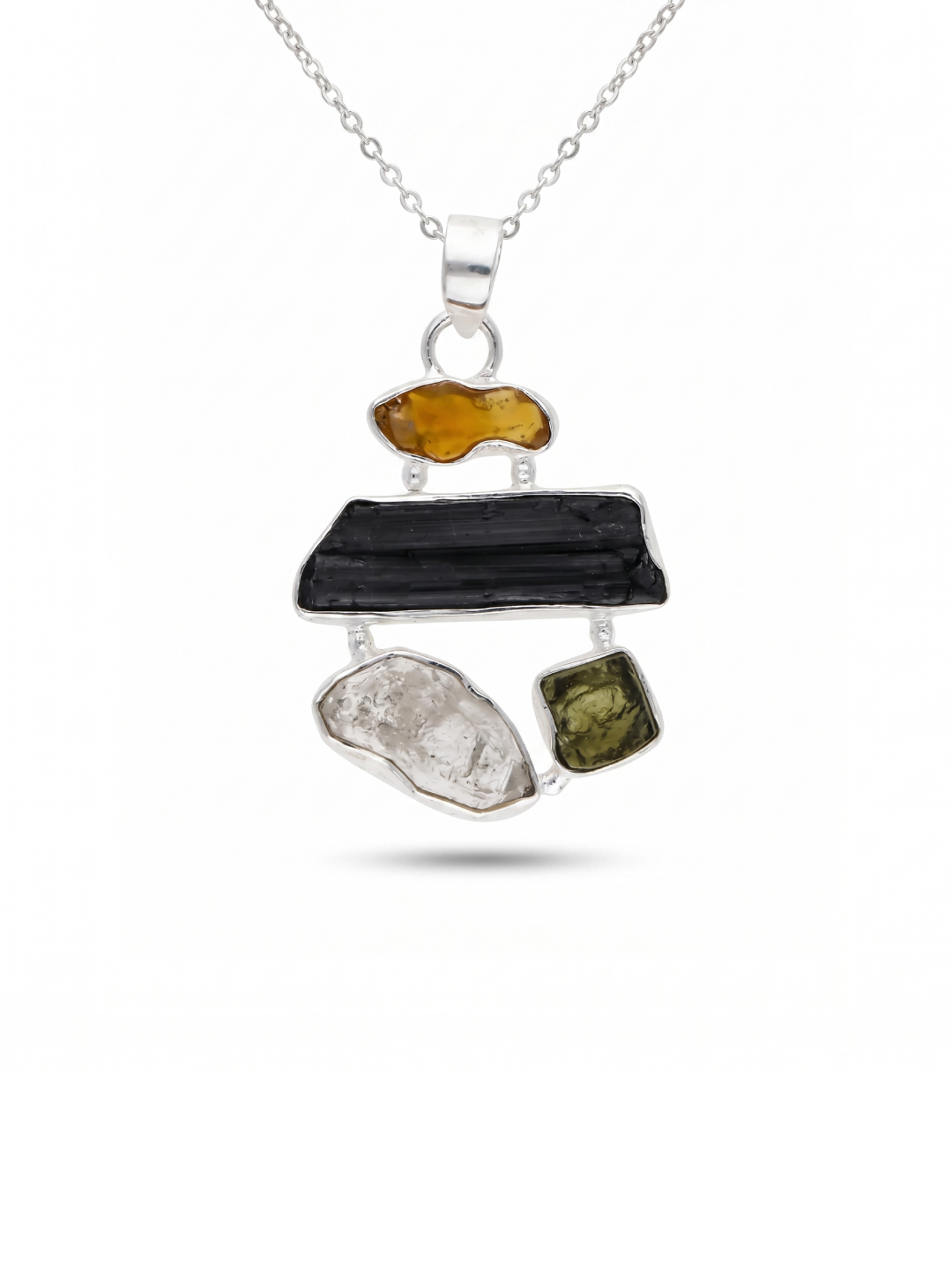 Natural Moldavite Pendant, Black Tourmaline, Czech Moldavite, Herkimer Diamond, Opal Pendant, Sterling Silver Pendant, Handmade Pendant