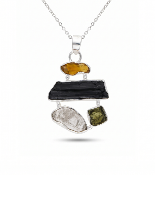 Natural Moldavite Pendant, Black Tourmaline, Czech Moldavite, Herkimer Diamond, Opal Pendant, Sterling Silver Pendant, Handmade Pendant