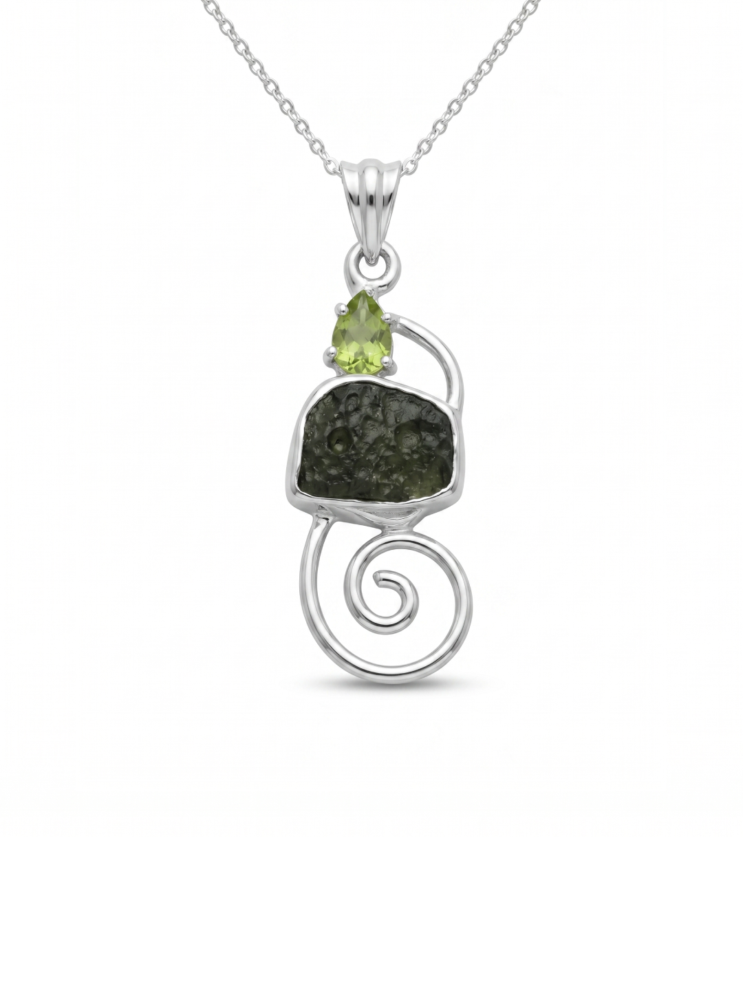 Natural Moldavite Pendant, 925 Sterling Silver, Raw Gemstone Jewelry, Czech Moldavite with Peridot, Handmade Jewelry Gift, Jewelry For Mom