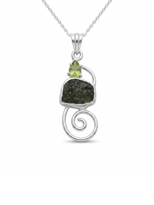 Natural Moldavite Pendant, 925 Sterling Silver, Raw Gemstone Jewelry, Czech Moldavite with Peridot, Handmade Jewelry Gift, Jewelry For Mom