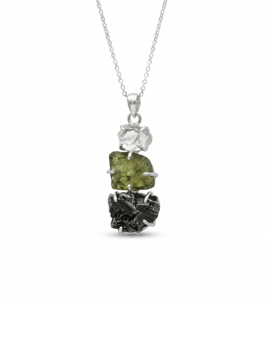 Moldavite, herkimer and Meteorite Campo Del Cielo pendant, genuine gemstone pendant, sterling silver handmade pendant, 100% genuine gemstone