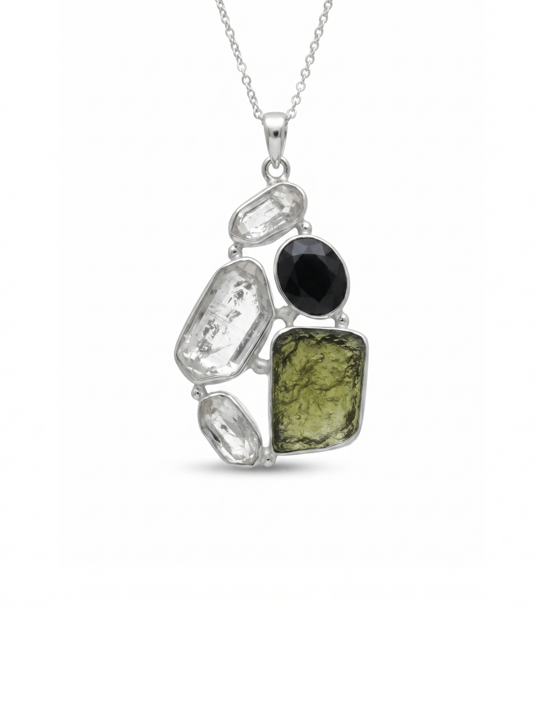 Moldavite, herkimer and Blue Sapphire pendant, genuine gemstone pendant, sterling silver handmade pendant, 100% genuine gemstone