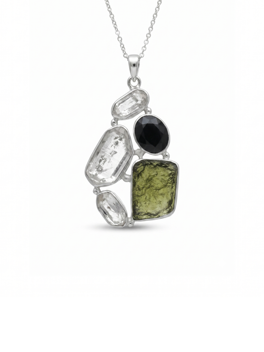 Moldavite, herkimer and Blue Sapphire pendant, genuine gemstone pendant, sterling silver handmade pendant, 100% genuine gemstone