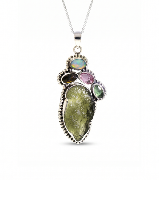 Moldavite Tourmaline pendant, genuine gemstone pendant, sterling silver handmade pendant, 100% genuine certified gemstone