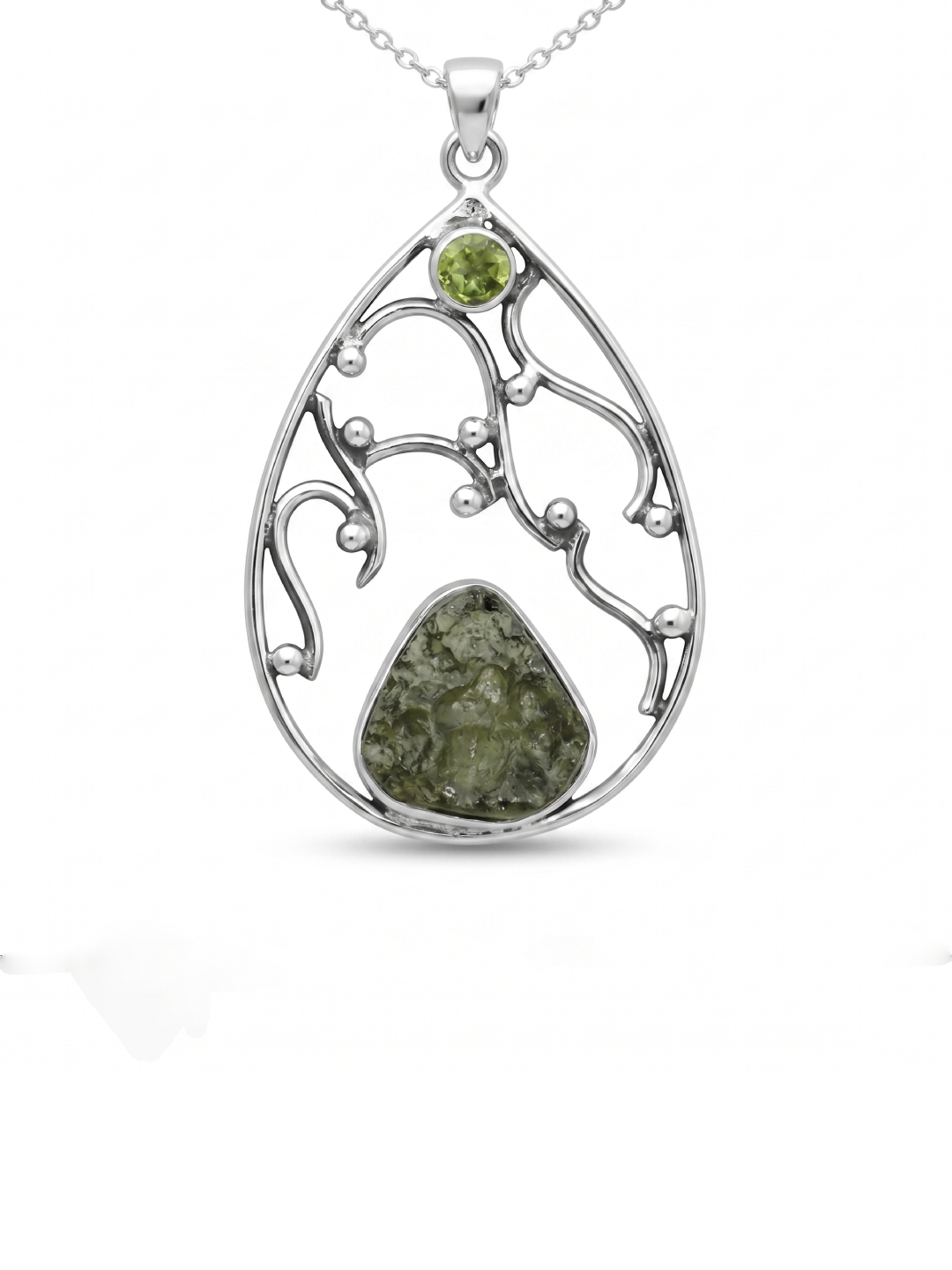 Moldavite Peridot pendant, genuine gemstone pendant, sterling silver handmade pendant, 100% genuine with certified gemstone