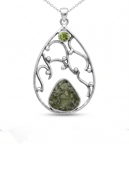 Moldavite Peridot pendant, genuine gemstone pendant, sterling silver handmade pendant, 100% genuine with certified gemstone