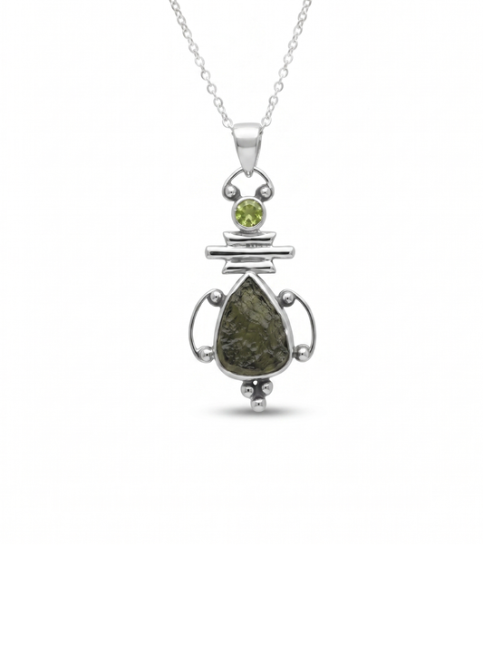 Moldavite Peridot pendant, genuine gemstone pendant, sterling silver handmade pendant, 100% genuine with certified gemstone