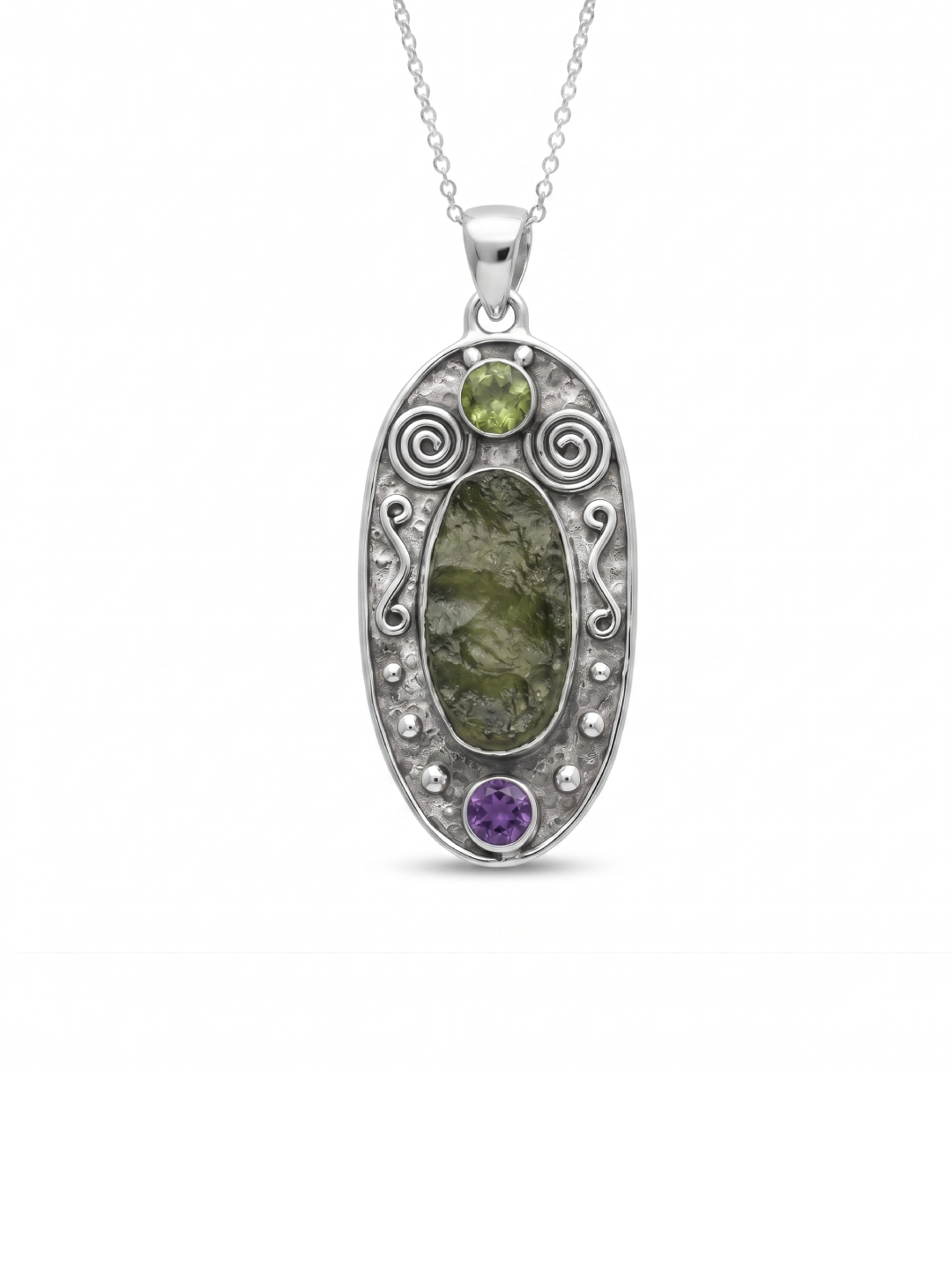 Moldavite Peridot Amethyst pendant, genuine gemstone pendant, sterling silver handmade pendant, 100% genuine with certified gemstone