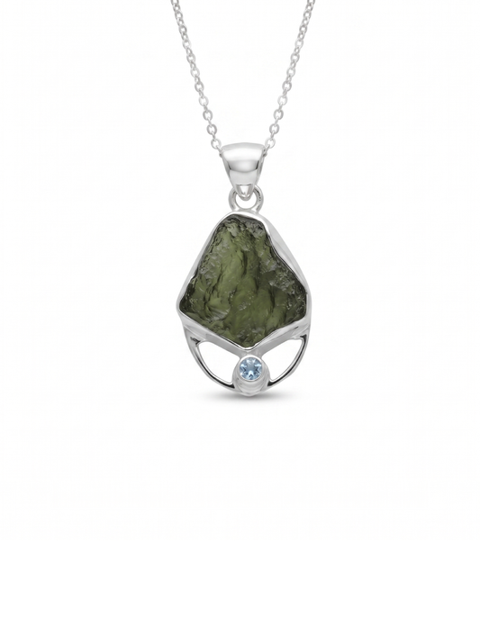 Moldavite Pendant, Natural Blue Topaz Gemstone Jewelry, 925 Sterling Silver, Handmade Pendant For Gift, Necklace For Women's, Gift For Her