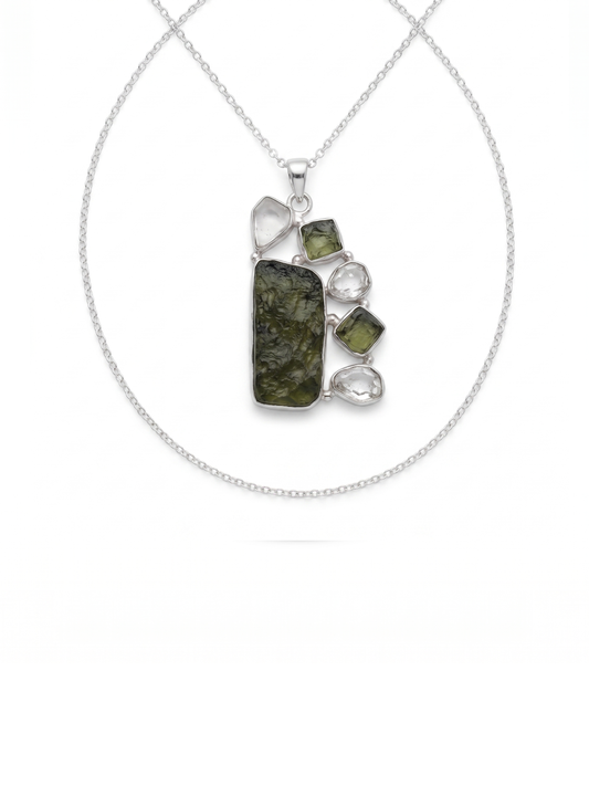 Moldavite Pendant, Czech Moldavite, Herkimer Diamond, Opal Pendant, Sterling Silver Pendant, Handmade Pendant, Natural Moldavite