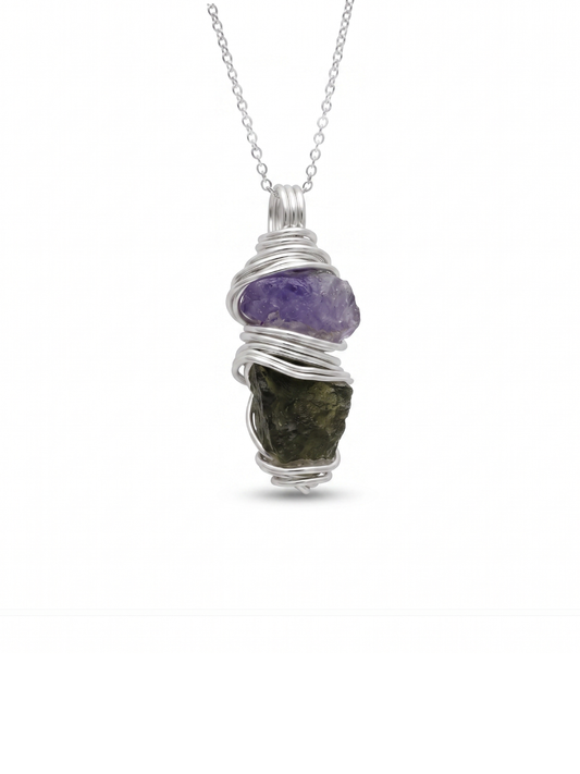 Genuine Moldavite & Tanzanite Pendant, 925 Sterling Silver Pendant, Genuine Moldavite, Raw Moldavite , 100% genuine gemstone for her