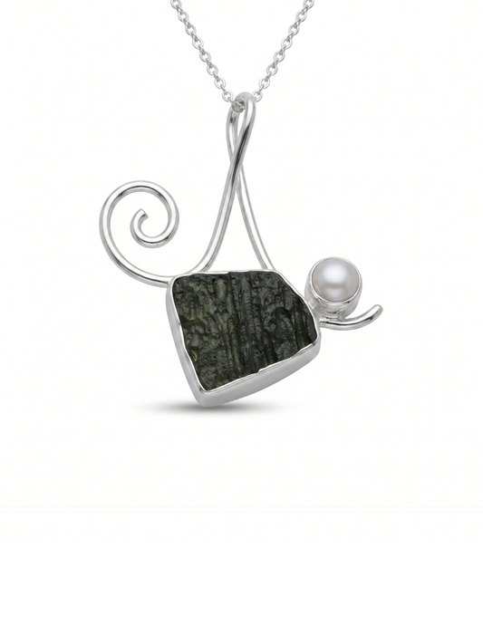 Genuine Moldavite Jewelry, Gemstone Pearl Pendant, 925 Sterling Silver, Handmade Jewelry Gift, Jewelry For Womens, Christmas Jewelry For Her