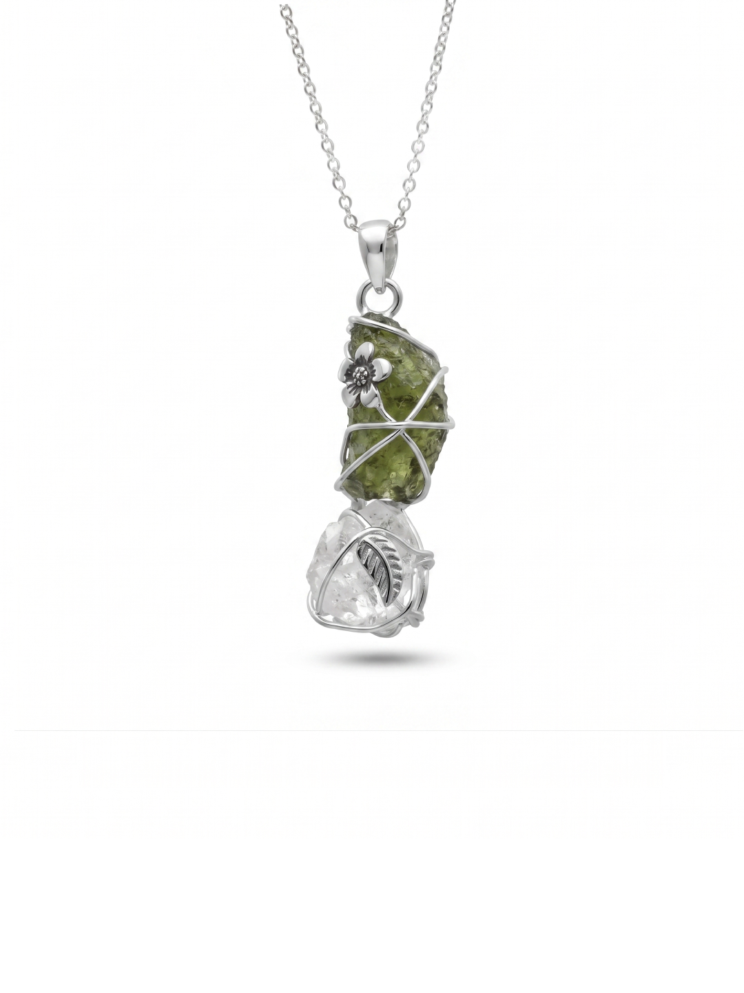 Genuine Moldavite Rough Herkimer Diamond Pendant Natural Gemstone From Czech Republic 925 Sterling Silver Handmade Designer Jewelry