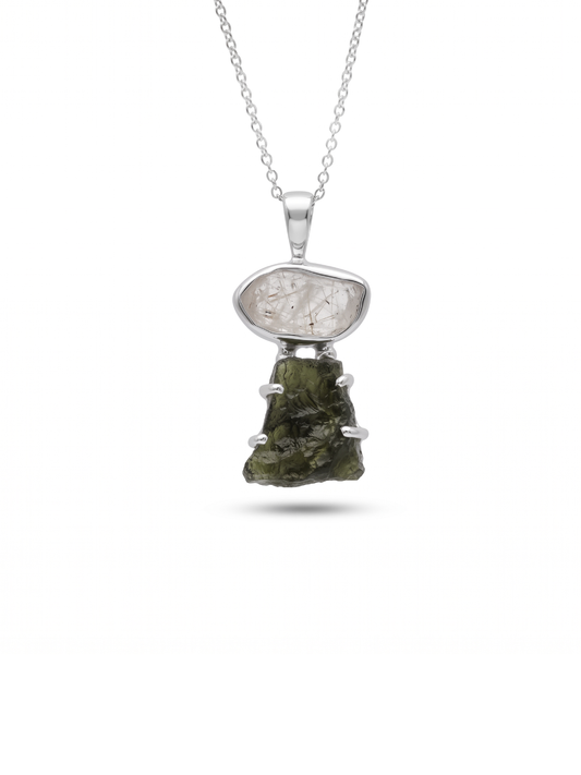 Genuine Moldavite Rough Herkimer Diamond Pendant Natural Gemstone From Czech Republic 925 Sterling Silver Handmade Designer Jewelry