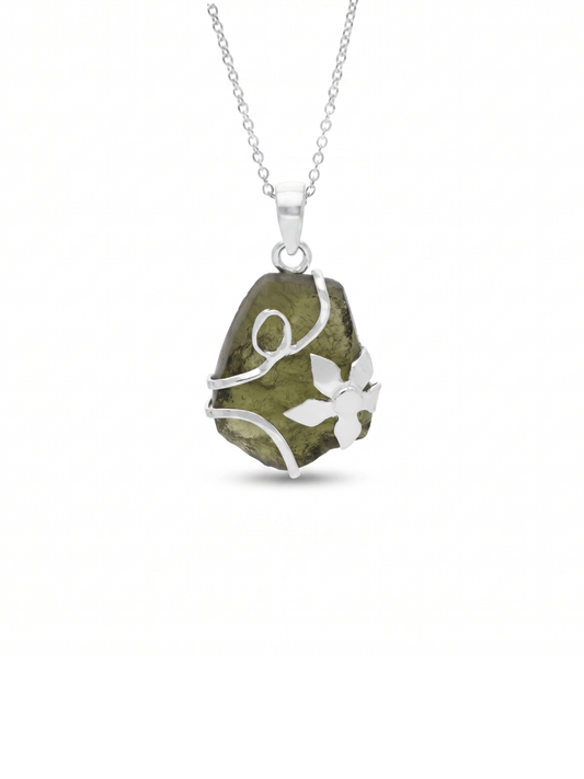 Genuine Moldavite Rough Pendant 100% Natural With Certified Gemstone From Czech Republic 925 Sterling Silver Handmade Designer Jewelry