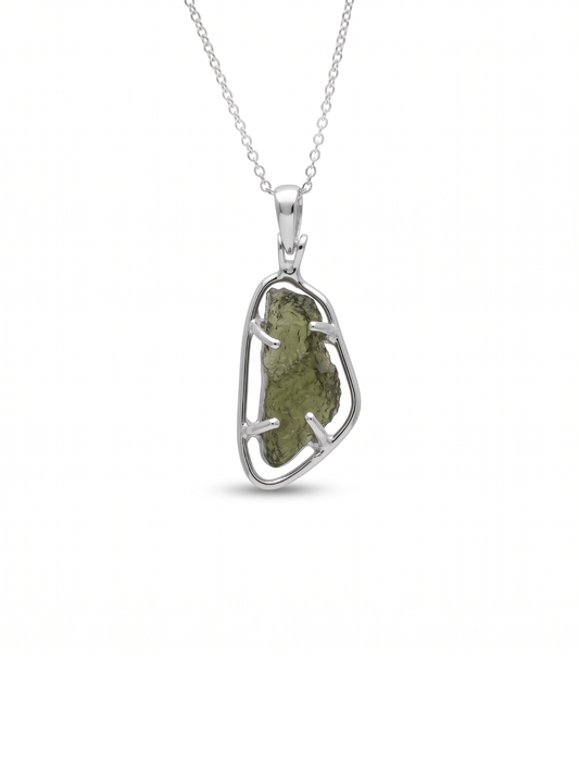 Genuine Moldavite Rough Pendant 100% Natural With Certified Gemstone From Czech Republic 925 Sterling Silver Handmade Designer Jewelry