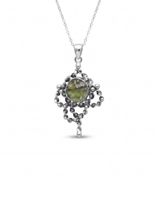 Genuine Moldavite Rough Pendant 100% Natural With Certified Gemstone From Czech Republic 925 Sterling Silver Handmade Designer Jewelry