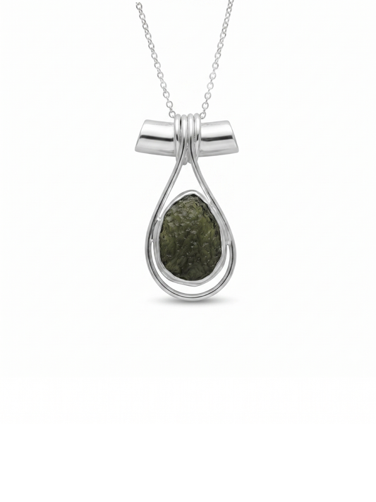 Genuine Moldavite Rough Pendant 100% Natural With Certified Gemstone From Czech Republic 925 Sterling Silver Handmade Designer Jewelry