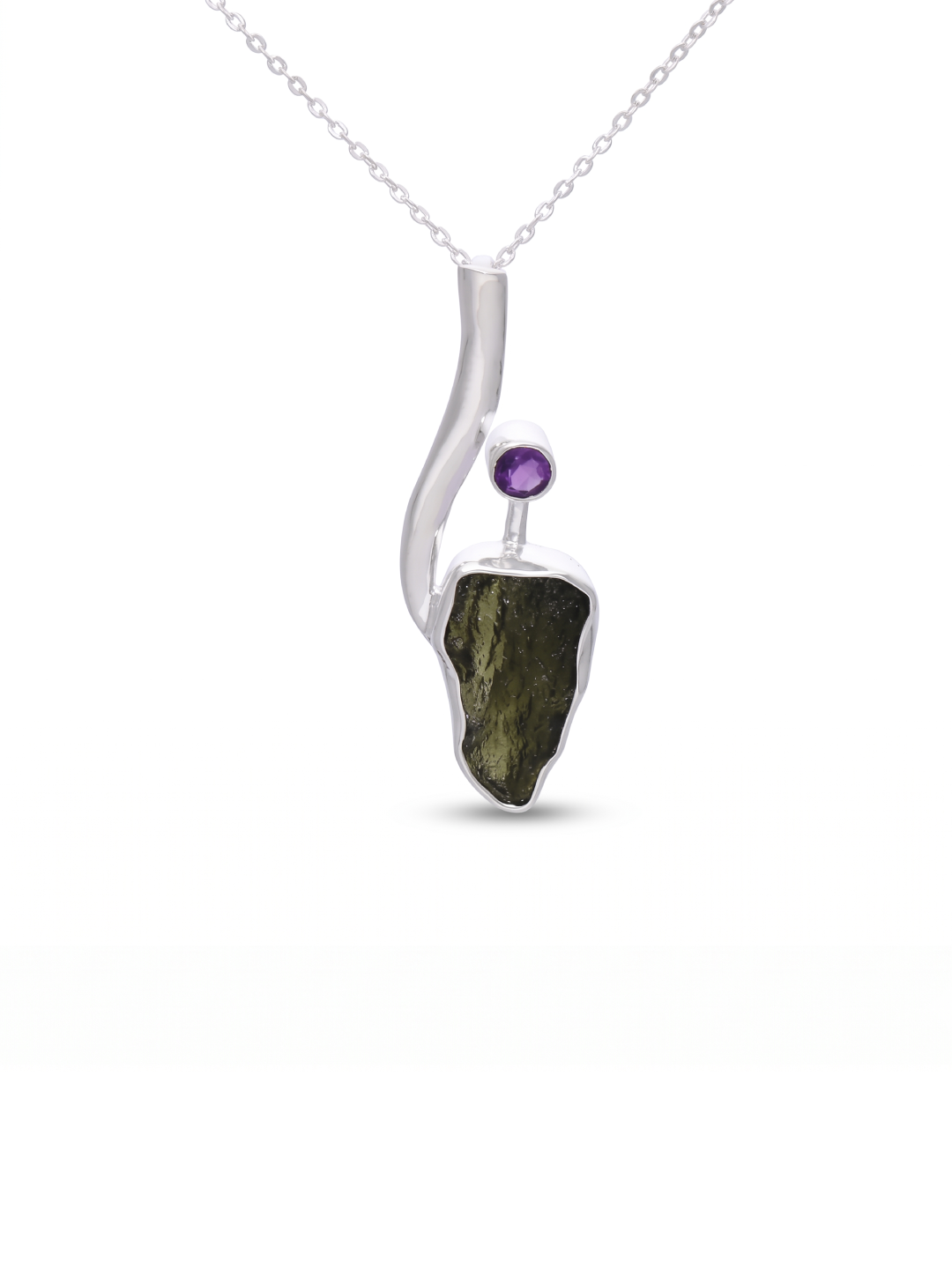 Genuine Moldavite Rough With Amethyst Pendant 100% Natural With Certified Gemstone From Czech Republic 925 Sterling Silver Handmade Jewelry