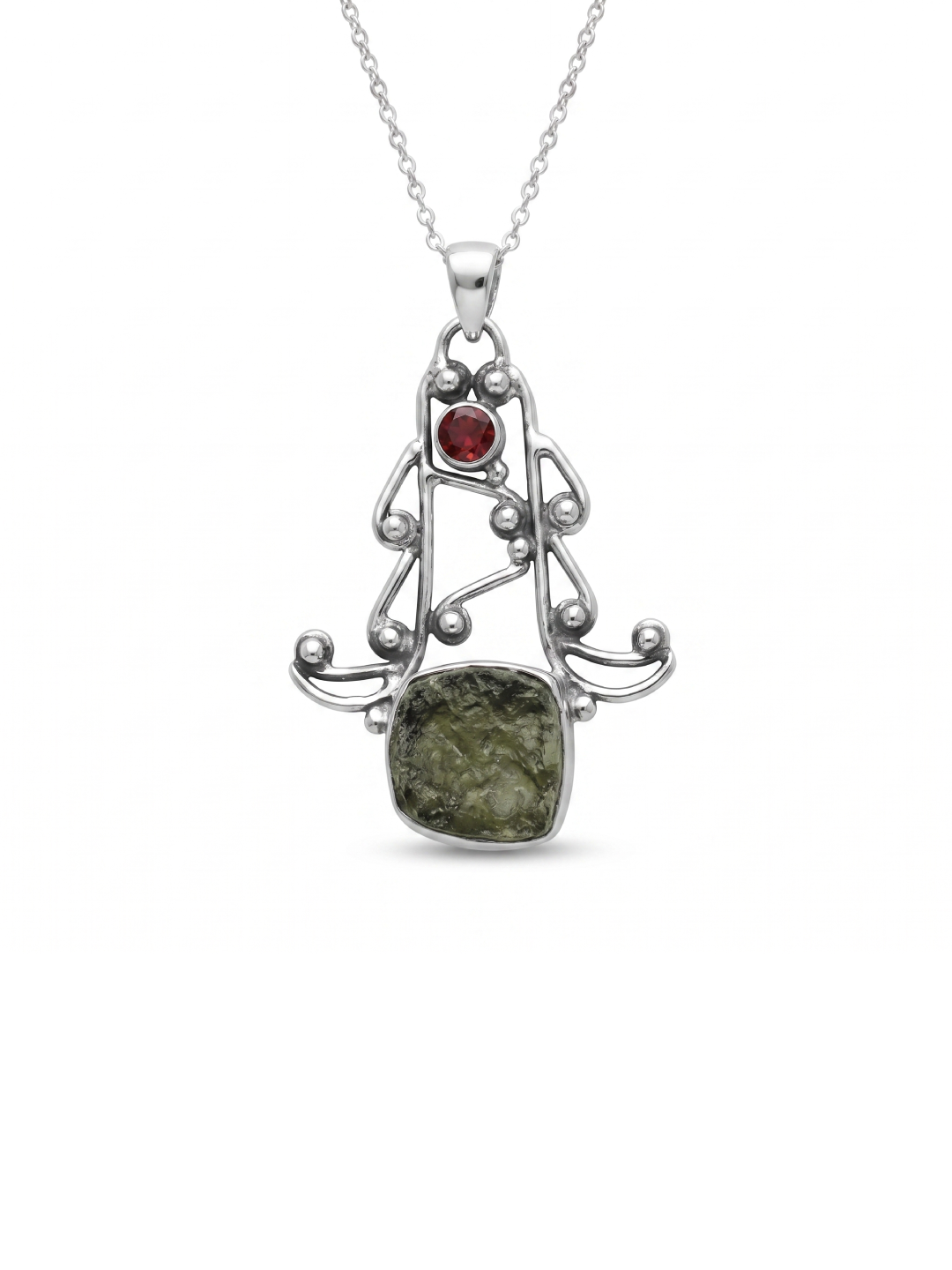 Moldavite Garnet pendant, genuine gemstone pendant, sterling silver handmade pendant, 100% genuine with certified gemstone
