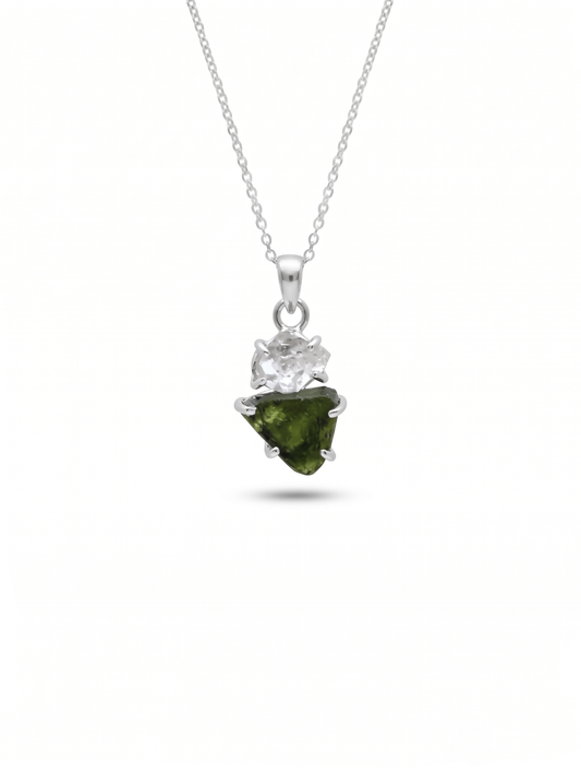 Genuine Moldavite & Herkimer Rough Pendant,  925 Sterling Silver Handmade Pendant, Moldavite Gemstone Pendant, Gift For Women's