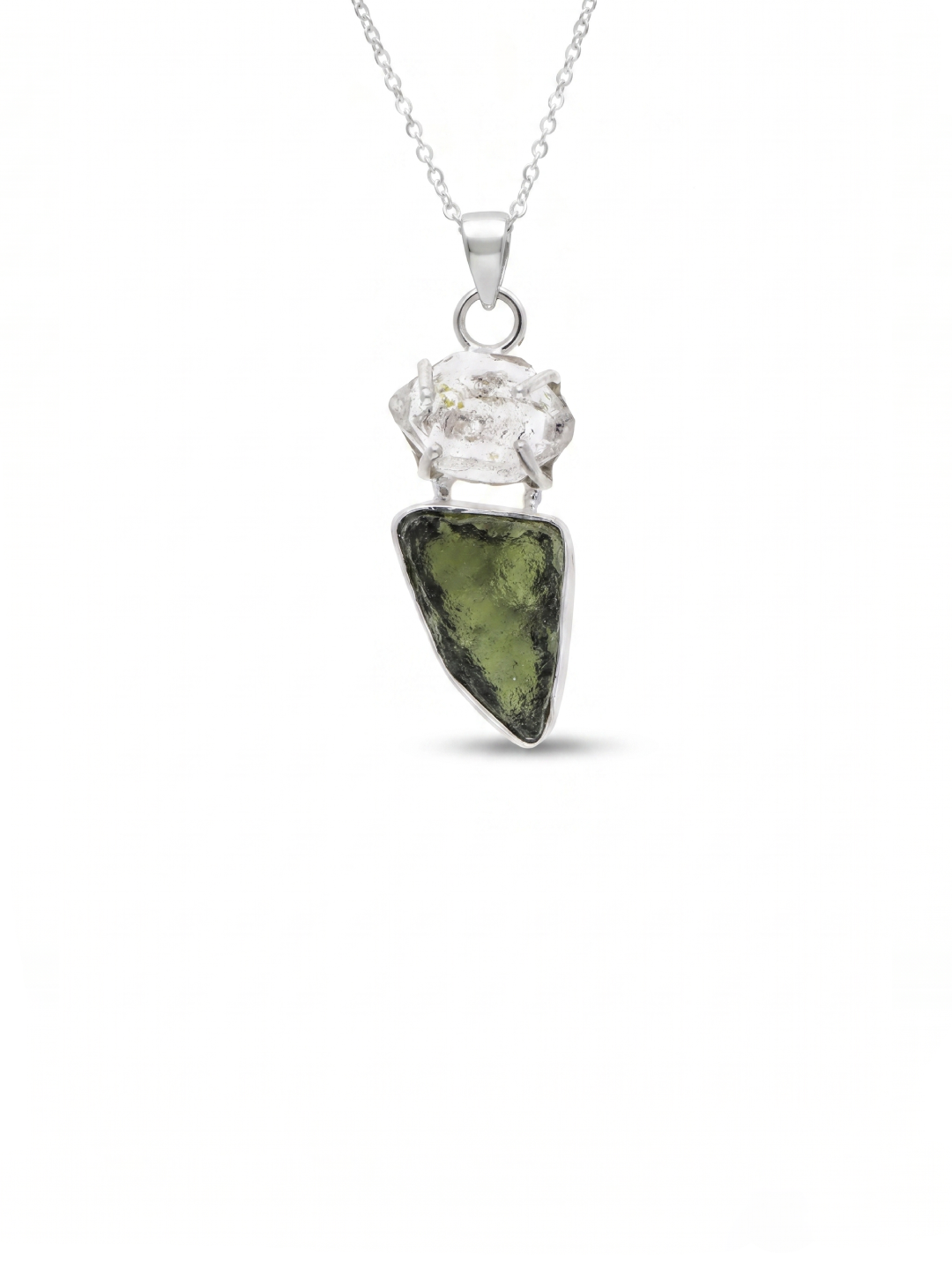 Moldavite herkimer pendant, genuine gemstone pendant, sterling silver handmade pendant, 100% genuine with certified gemstone