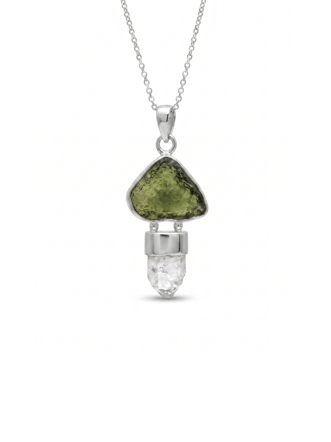 Moldavite herkimer pendant, genuine gemstone pendant, sterling silver handmade pendant, 100% genuine with certified gemstone