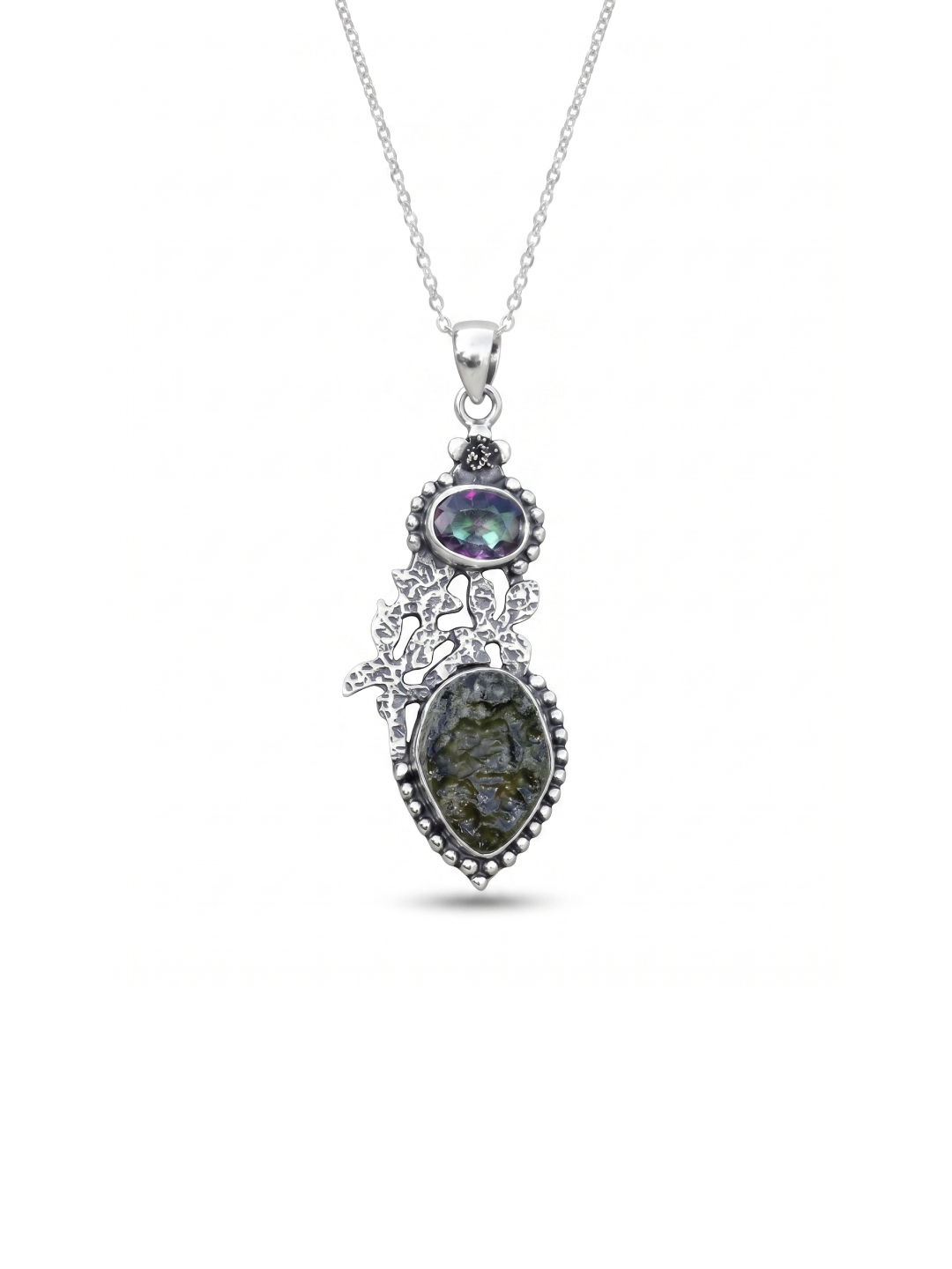 Genuine Moldavite & Mystic Topaz Pendant,  925 Sterling Silver Handmade Pendant, Moldavite Gemstone Pendant, Gift For Women's