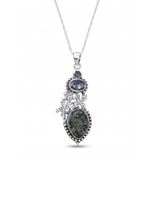 Genuine Moldavite & Mystic Topaz Pendant,  925 Sterling Silver Handmade Pendant, Moldavite Gemstone Pendant, Gift For Women's